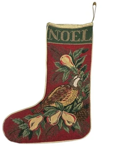 Vintage Tapestry Stocking Partridge Pear Tree 12 Days Christmas Noel Gold READ - Picture 1 of 7