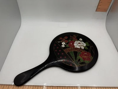 Vintage Asian Design Brown Celluloid Hand Mirror 5”diameter  - Image 1 of 4