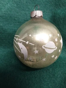 Vintage Green Stencil Shiny Brite Moon Stars Space UFO Glass Christmas Ornament - Picture 1 of 6
