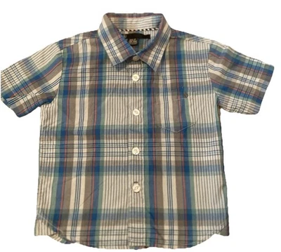 Camisa manga curta Volcom xadrez pedra azul cinza colarinho vermelho botão para cima tamanho 2T - Imagem 1 de 4