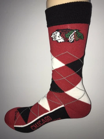 CHICAGO BLACKHAWKS NHL HOCKEY JERSEY LOGO ARGYLE DRESS SOCKS LARGE Cover