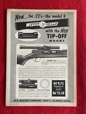 Винтажная реклама прицелов Weaver 1954 модель B4 со снятым креплением - Изображение 1 из 4