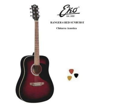 EKO RANGER 6 RED SUNBURST CHITARRA ACUSTICA FOLK  + 3 PLETTRI NUOVA MIXSOUND - Immagine 1 di 4