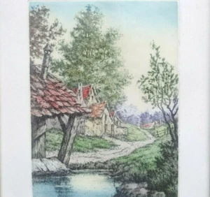 Chemin dans un Hammeau  EAU FORTE COLORÉE Originale Signé J BOTT Encadré 25x31cm - Picture 1 of 5