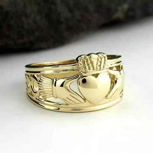 14k Yellow Gold Plated Men's & Women's Claddagh Engagement Wedding Band Ring - Picture 1 of 2
