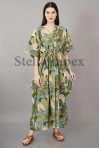Trendy Cotton Kaftan Elegant Green & Grey Long Caftan Resort Wear Beach Dress - Picture 1 of 6