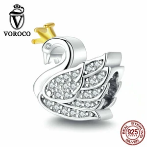 Voroco Princess Swan Pendant S925 Silver Charm CZ For Women Bracelet Necklace - Picture 1 of 6