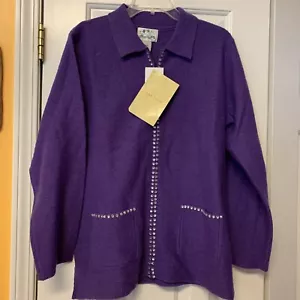 NWT Quacker Factory Purple 100% Boiled Wool Zip Cardigan Sweater Sz M Embelished - Picture 1 of 8