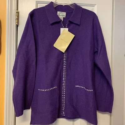 NWT Quacker Factory Purple 100% Boiled Wool Zip Cardigan Sweater Sz M Embelished - Image 1 of 4