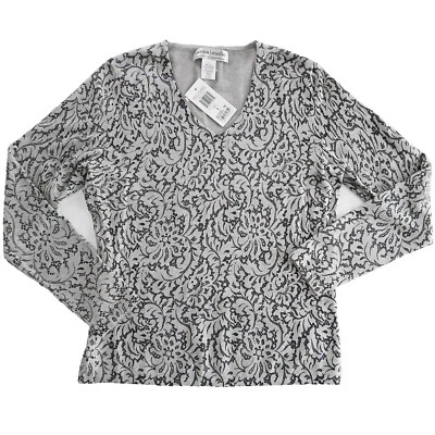 Nuevo con etiquetas Suéter Sutton Studio Talla L Seda Cachemira Gris Azul Marino Floral Cuello en V Pop Over Foto 1 de 3