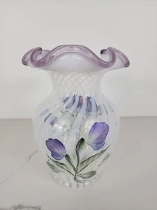 Vintage Hand Painted Fenton Pinched Glass Floral Vase Signed By Artist - Picture 1 of 6
