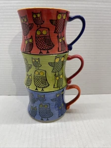Pier 1 Imports Set Of 3 Stoneware Hand Painted Mugs Owl Print - Picture 1 of 7