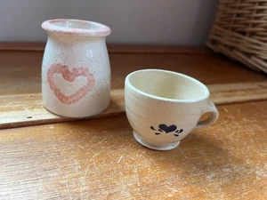 Lot of Small Tan w Blue Hearts Handled Cup & Cream Speckled Country Crock w Pink - Picture 1 of 11