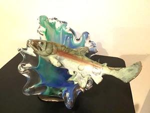 Rare MICHAEL STOREY Bronze TROUT Fish Swimming in Blown Glass Wave Art Sculpture - Picture 1 of 9