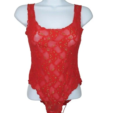 New Vintage Sears Lingerie Teddy One Piece Red Nylon Gold Metallic Accent Size S - Image 1 of 4