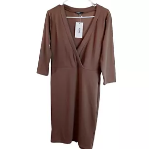 Yoins Knit Brown Sweater Dress Deep V- Neck 3/4 Sleeve Women’s SIZE L/12 NWT - Picture 1 of 7