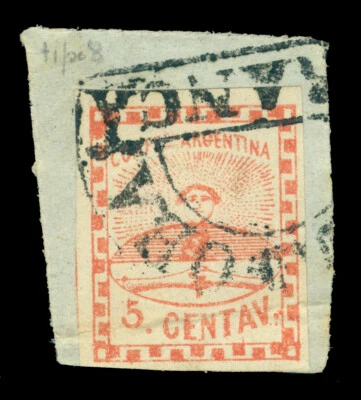 ARGENTINA 1858 Confederation 5c red Sc# 1 used on piece "CORDOBA FRANCA" cxl - Image 1 of 2