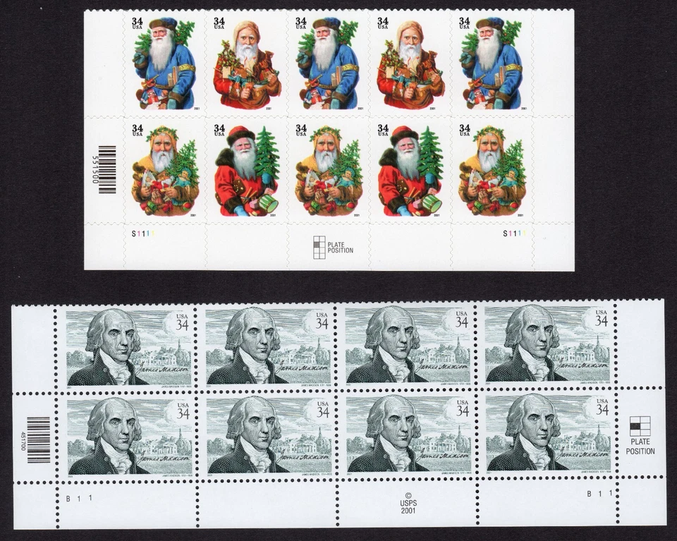 Scott #3540b-3545 Santa & James Madison Plate Block of 8 & 10 Stamps - MNH - Image 1 of 1