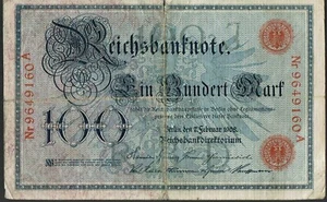 GERMANY BANKNOTE 100 P33a serial # 29 mm 1908 VG - Picture 1 of 2