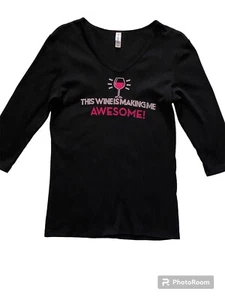 Novelty Black Top Rhinestones 100% Cotton Sz L This Wine is Making Me Awesome - Picture 1 of 8