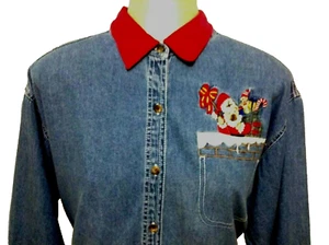 Christmas Womens Sz L Large Soft Denim Shirt Embroidered Button Front Blouse - Picture 1 of 5