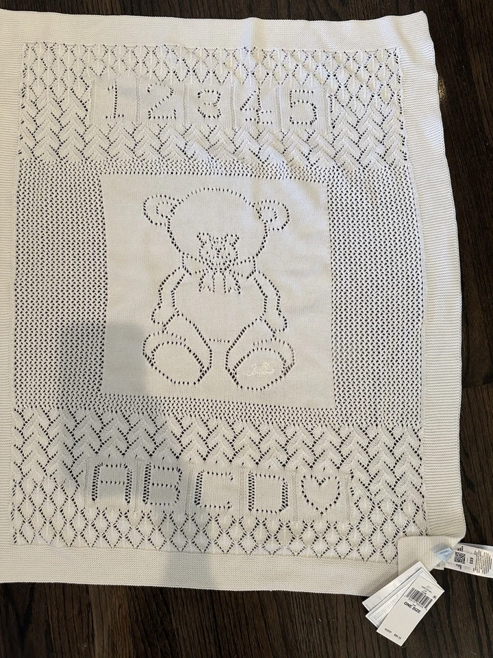 全新带标签 Ralph Lauren Pointelle-Knit 有机棉婴儿毯白色泰迪熊  — 第 1/1 张图片