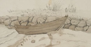 Aufliegender Kahn am Strand, um 1850, Bleistift Romantik Unbekannt (19.Jhd) - Picture 1 of 4