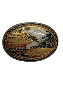 Vintage Japanese Damascene Scenic Brooch – Mt. Fuji Landscape, Gold & Silver... - Picture 1 of 12