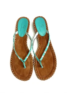 NEW Cole Haan Brown & Teal Leather Flip Flop Sandals With Crystals Women Sz 9.5  - Picture 1 of 14