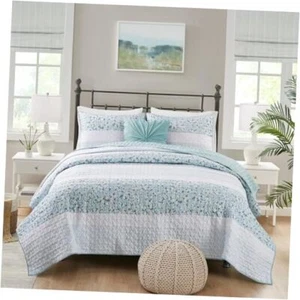 Queen Quilt Set, Seersucker Floral Coverlet, All Season Full/Queen Aqua - Picture 1 of 6