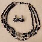 Faceted Vintage Black & AB Crystal Bead 3 Strand Necklace & Earrings Set