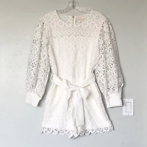 MAJE Ingrid Belted Guipure Lace Long Sleeves Romper in White Size 40/8 US - Picture 1 of 9