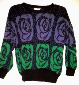 80er Vintage Damen Pullover schwarz Blumen Gr. M mittellang arm lila grün - Bild 1 von 2
