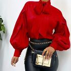 Women's Bow Tie Neck Blouse Elegant Puff Sleeve Solid Satin Shirt Ol Casual Tops