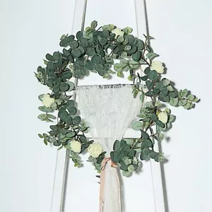 6 ft long Frosted Green Artificial Eucalyptus Leaves Ivory Roses Vine Garland - Picture 1 of 7