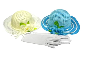 Girls Tea Party Dress Up 2 Hats Blue Ivory 2 Pair White Gloves BIRTHDAY GIFT NEW - Picture 1 of 4