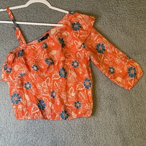 NWT Mavi Women's Orange Blue Daisy Ruffle Print Asymmetric Cropped Top Size S - Picture 1 of 7