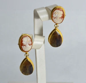 ORECCHINI ARGENTO 925 DORATO   CAMMEI CORNEOLA CORIDONI GOCCIA         AGHT 033 - Foto 1 di 3