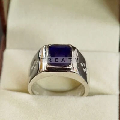 Piedras preciosas de zafiro azul talla esmeralda con anillo de plata de ley 925 para hombre #B728 Foto 1 de 4
