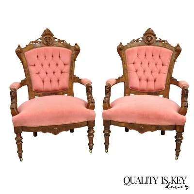 Sillones de salón John Jelliff victorianos renacentistas tallados en nogal - Par Foto 1 de 4