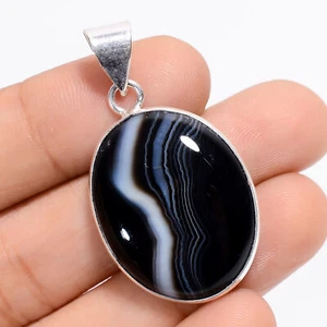 Black Botswana Banded Agate Gemstone 925 Silver Handmade Pendant 1.5" ARP-4428 - Picture 1 of 3