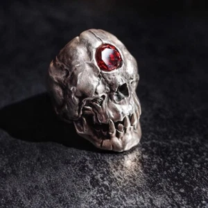 Vintage Gothic EYHIMD Cyclops Skull Ring Red CZ Crystal Punk Men's Biker Jewelry - Picture 1 of 10