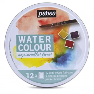 Pebeo Aquarelle Fine Watercolour Round Tin Set of 12 Half Pans & 1 Pocket Brush - Picture 1 of 6