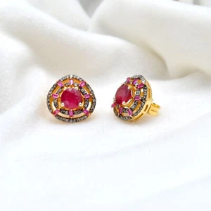 925 Sterling Silver Round Cut Natural Ruby 18k Gold Finish Pave Diamond Earring - Picture 1 of 5
