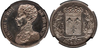 Francia 1831 Henri V Pretender Plata Essai 5 Francos NGC MS-62 ¡PARECE PRUEBA!! Foto 1 de 4