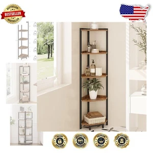 Rustic Brown 5-Tier Corner Bookcase - Stylish Space Saving for Living Rooms - Picture 1 of 10