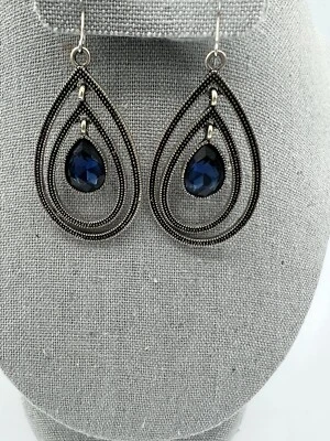 "Pendientes colgantes de cristal de zafiro azul tono plata ganchos de pescado moda 2,5""" Foto 1 de 4