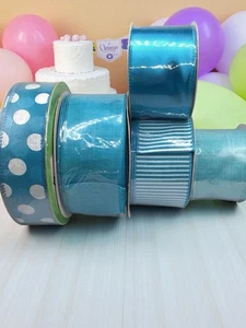 Lot of 5 Wired Blue Ribbons – 1.5" & 2.5" – Polka Dot, Stripe, Solid – 105 Yards - Picture 1 of 13
