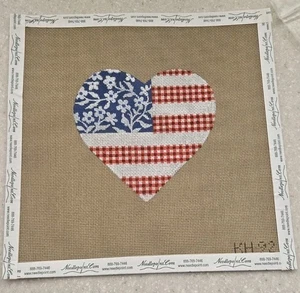 Floral Flag-Stars & Stripes Heart Hand Painted Needlepoint Canvas-5”x5” - Picture 1 of 3