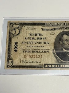 1929 $5 SPARTANBURG, SC (Ch #4996) Radar Central NB National Currency Bank Note - Picture 1 of 3